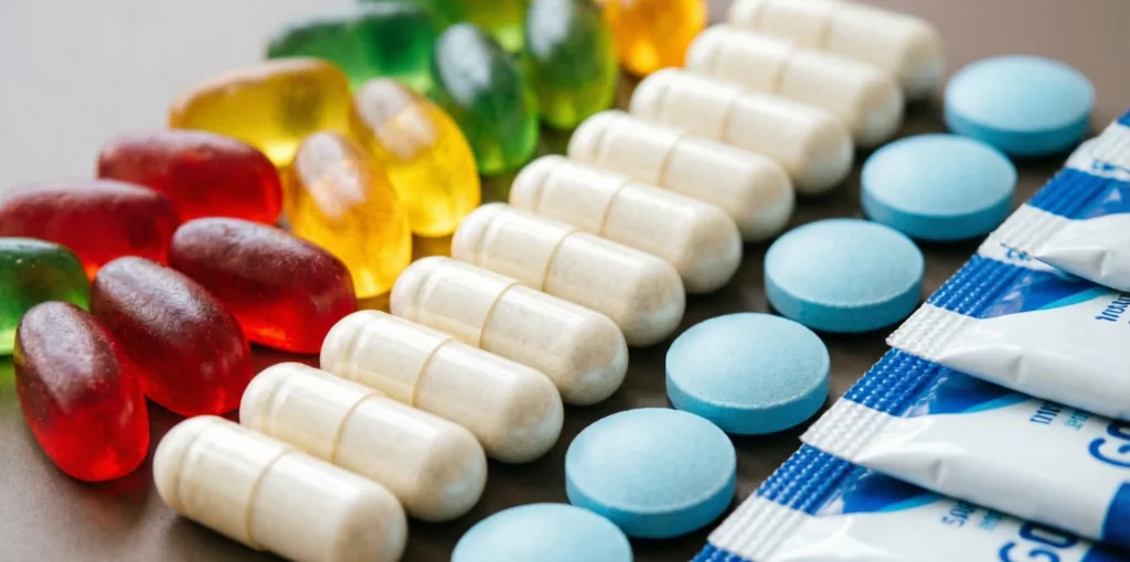 Dietary supplement formats including gummies, capsules, tablets, and powders