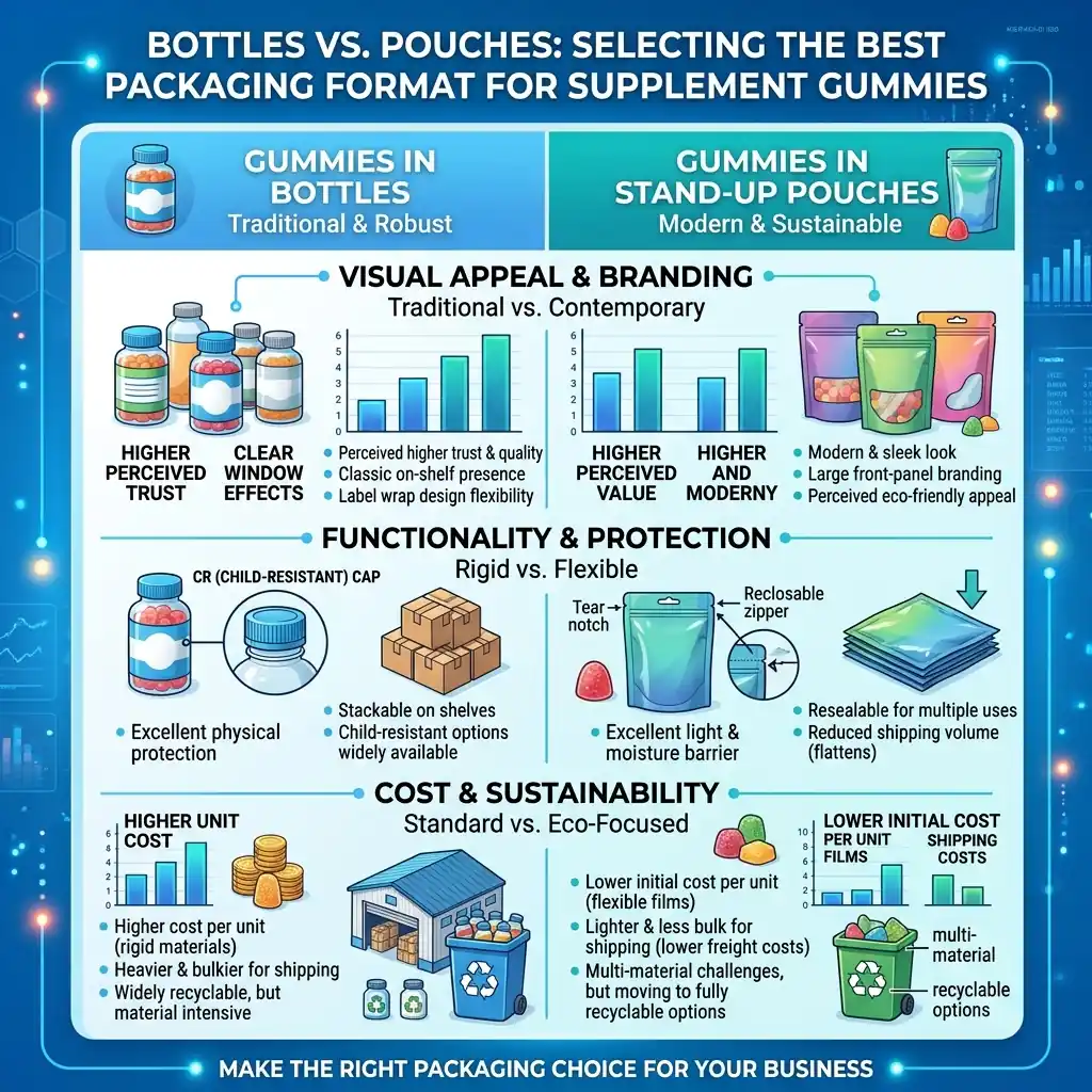 Bottles vs. Pouches Selecting the Best Packaging Format for Supplement Gummies